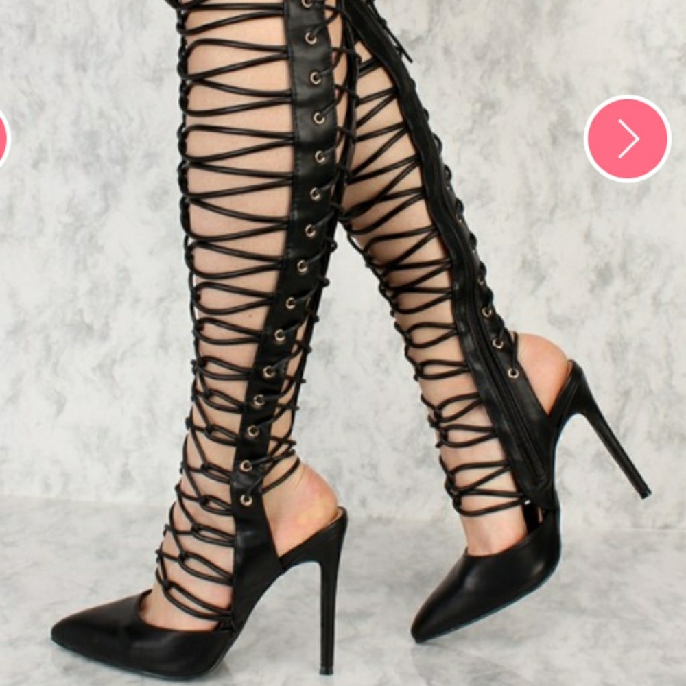 Sexy Black Strappy lace up Pointy Toe Heels size